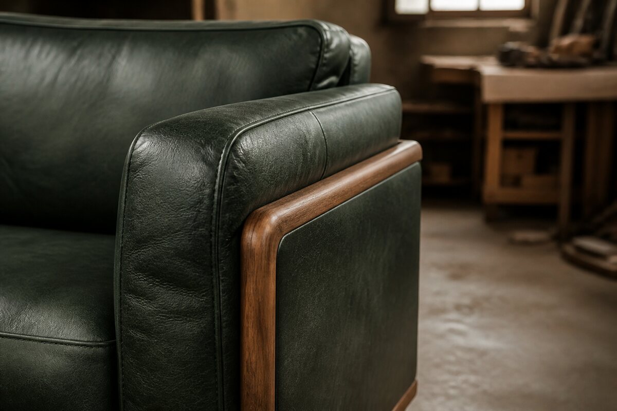 Green leather sofa arm showing grain, seam and wooden upholstery frame