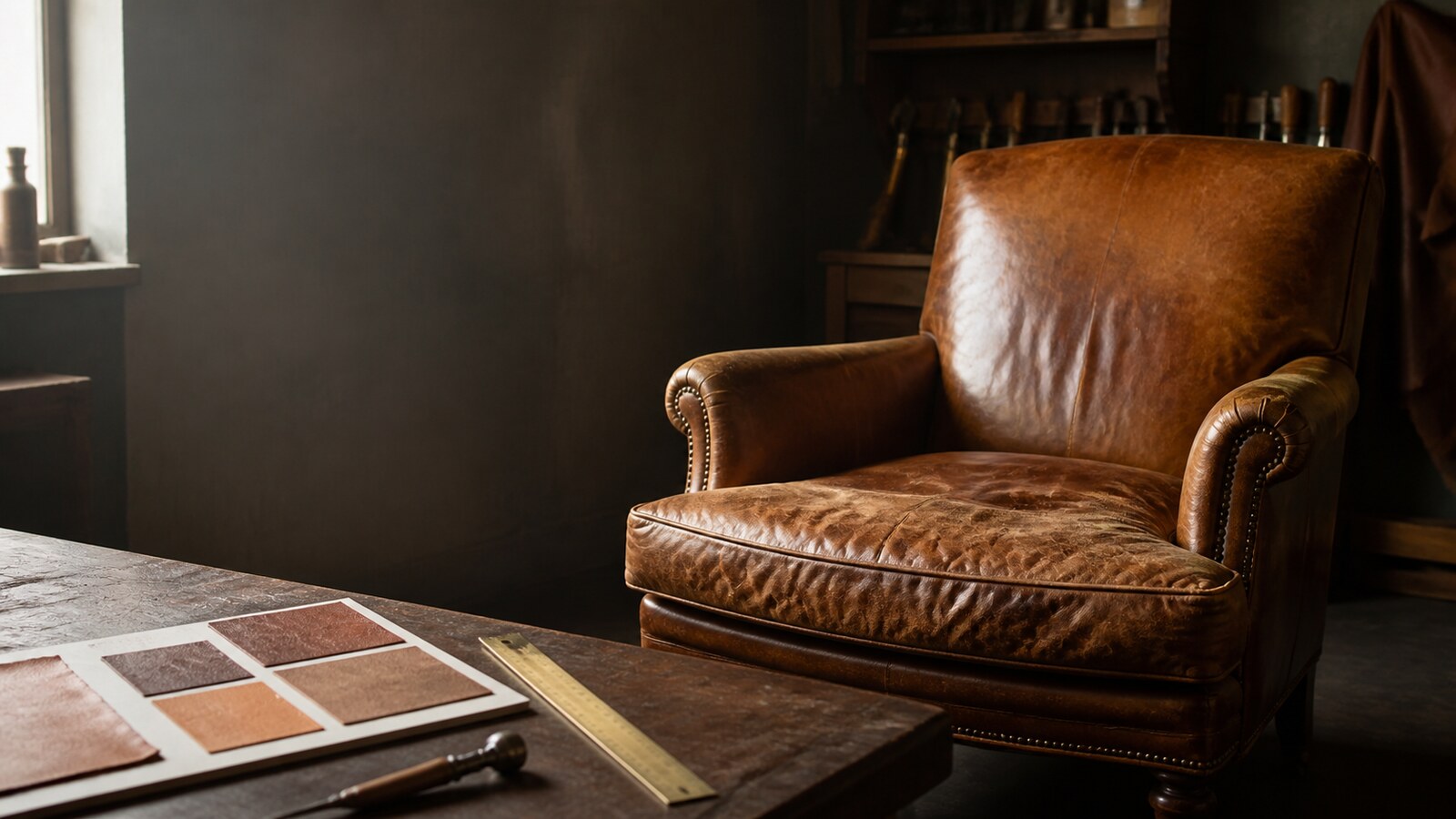 Worn caramel leather chair beside sample board and brass ruler in a restoration studio