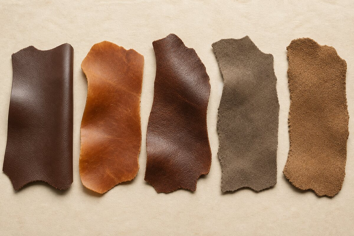 Five distinct leather swatches arranged on bone paper for material comparison