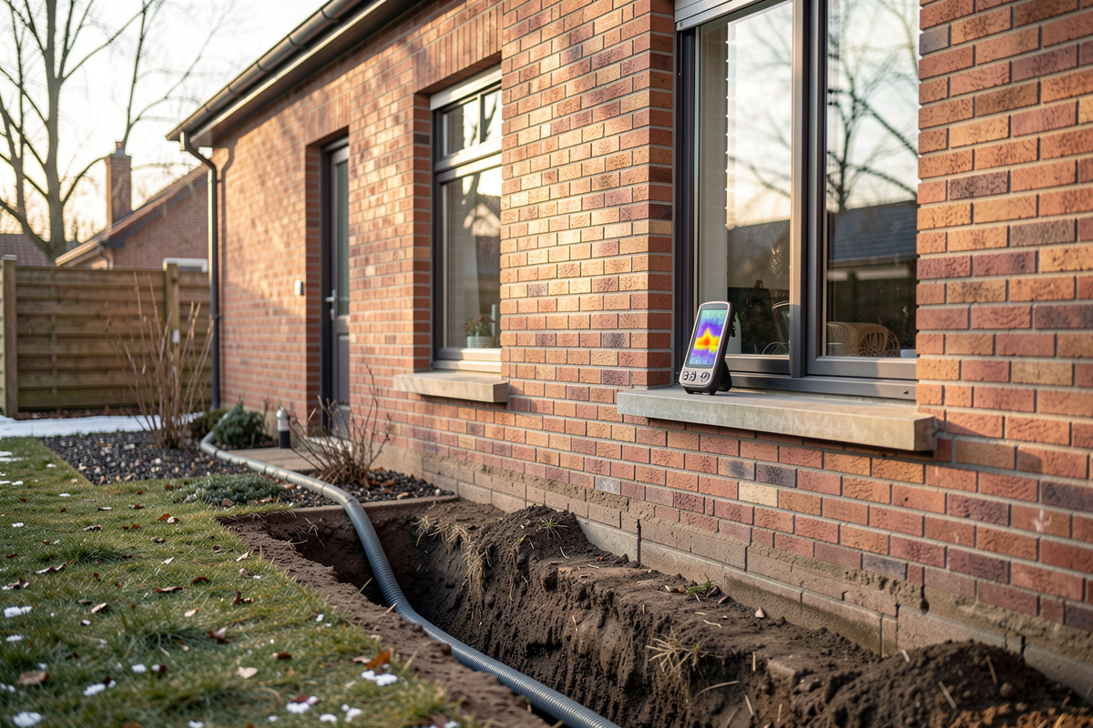 A south-facing wall of a renovated brick house in winter afternoon light, with a ground heat exchanger pipe trench visible in the foreground garden and a thermal camera resting on a windowsill.