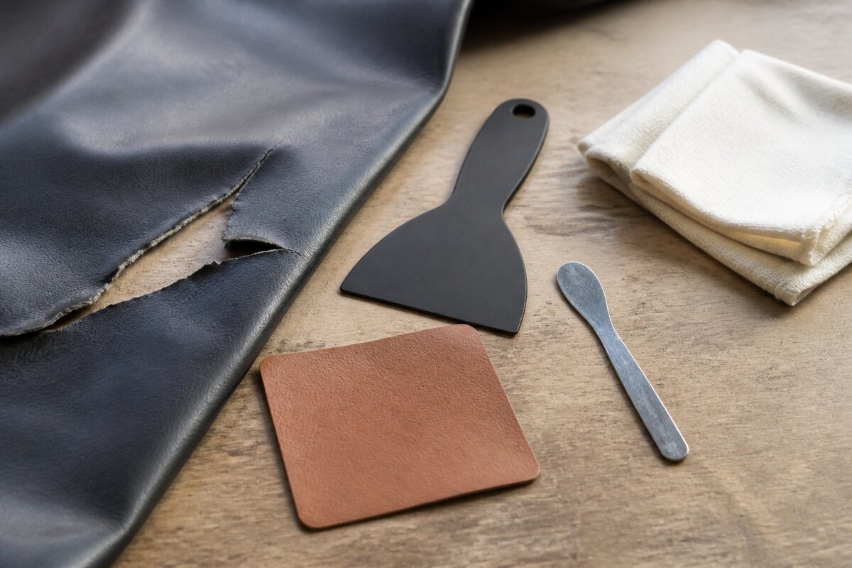 Leather repair patch material, flexible spreaders and cloth arranged beside a clean tear