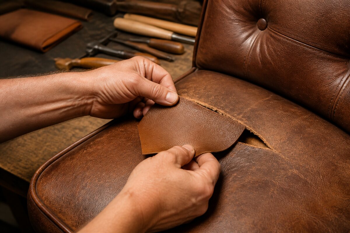 Leather patch aligned on a torn chair panel beside tools on a repair bench