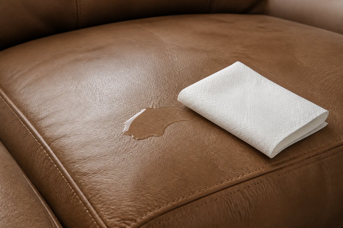 White absorbent cloth lifting a small clear spill from a tan leather cushion