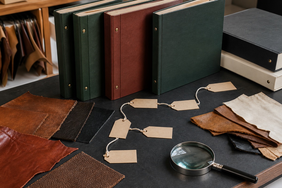 Blank standards folders, varied leather swatches, linked sample tags and a magnifying glass on a review desk